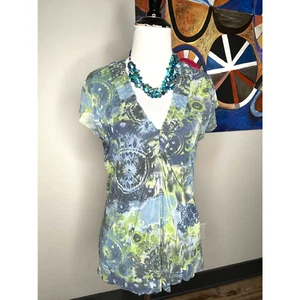 Lucy + Fiona Womens V Neck Gray Stretch Floral Shirt Short Sleeves Gathered - Afbeelding 1 van 8