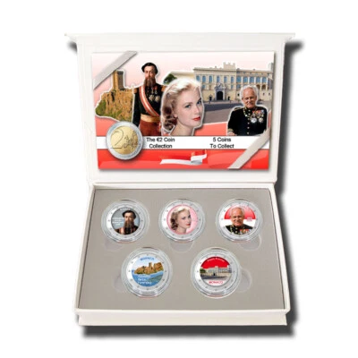 2 Euro Coloured Coins Box Set of 5 Monaco Grace Kelly Rainier III Charles III - Image 1 of 4