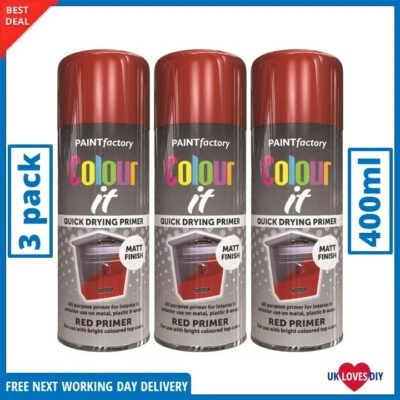 3 x Paint Factory Multi-Purpose Colour It Spray Paint Red Primer Matt 400ml - Image 1 of 3