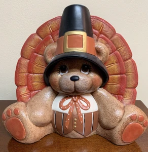 Vintage Thanksgiving Ceramic Brown Teddy Bear Pilgrim Turkey Tail Fall 9.5” T - Picture 1 of 6