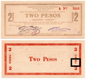 1942 Provincia Filipina de Negros Oriental 2 Pesos S654b Pre-Rendición ERROR "F" - Imagen 1 de 4