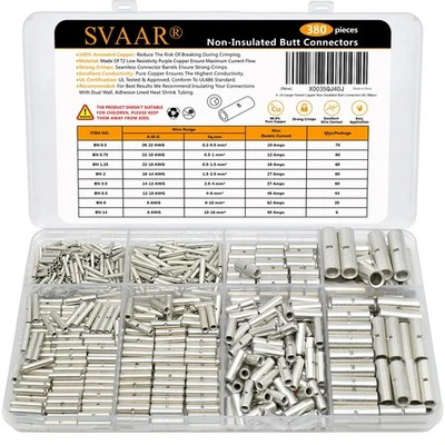 SVAAR 380PCS Non Insulated Butt Connectors Kit Butt Splice Connector Uninsula... - Image 1 of 4