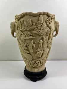 Chinoiserie Orientale Grande Vaso Resina Intagliata Scenico Pagoda Elefante Made/Italy - Foto 1 di 12