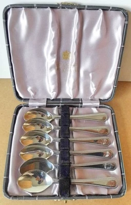 6 colheres antigas de grãos de café folheadas a prata Sheffield 1930-50 combinando e na caixa - Imagem 1 de 4