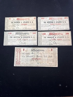 Complete Set of Five 1862 Western & Atlantic Railroad Notes Atlanta, GA 5c to $1 - Image 1 of 4