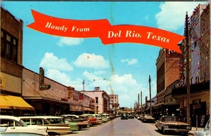 Del Rio Texas Main Street Autos 1950s Red Ribbon Letters chrome Postcard D873 - Picture 1 of 2