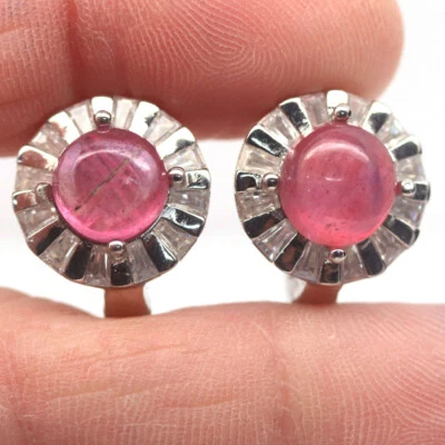 Heizbar 8 Mm. Pink Rubin & Weiß Cubic Zirkonia Ohrringe 925 Sterlingsilber - Bild 1 von 4