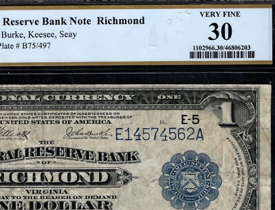 1918 $1 Federal Reserve Bank Note Richmond Flying Eagle PCGS 30 Very Fine (AGE) - Image 1 of 4