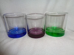 Drink Glasses Colorful Purple Blue Green Glass Bottoms Highball Rock Set of 3 - Picture 1 of 11