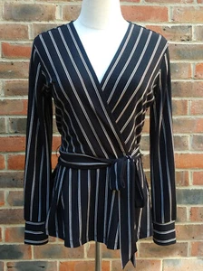 H&M Size S Black Wrapover Top Removable Tie Belt White Beige Pinstripe Wrap - Picture 1 of 9