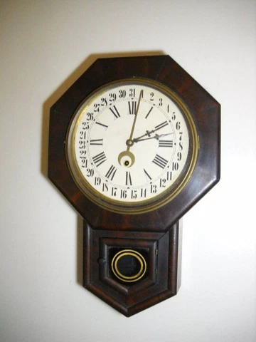 Antique Waterbury 10" Drop Octagon R.C. 8-Day Time Calendar Wall Clock Working Cover