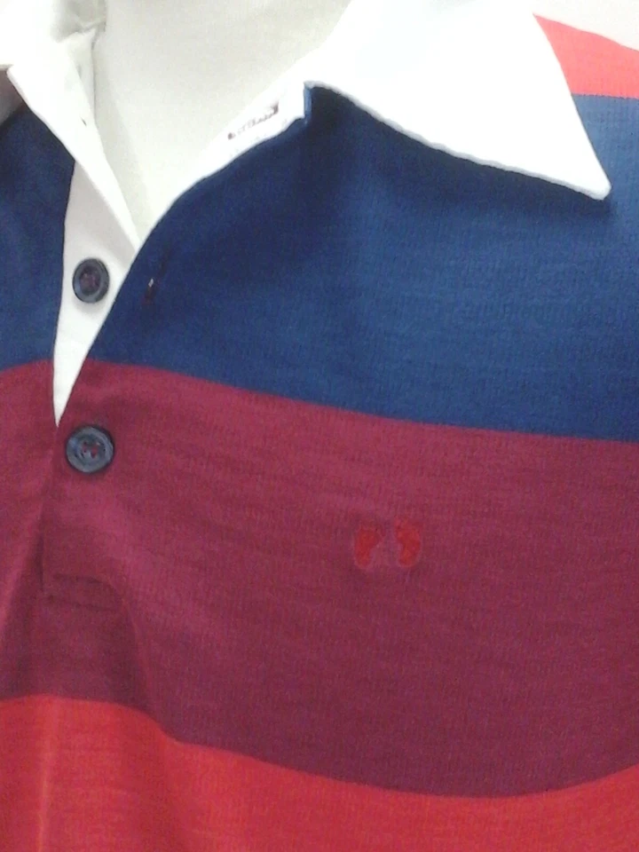 Camisa polo HANG TEN listrada L/S vintage anos 60 anos 70 azul laranja vermelha masculina G RARA - Imagem 1 de 4