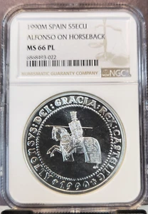 1990 SPAIN SILVER 5 ECU ALFONSO ON HORSEBACK NGC MS 66 PL RARE LOW MINTAGE - Picture 1 of 3