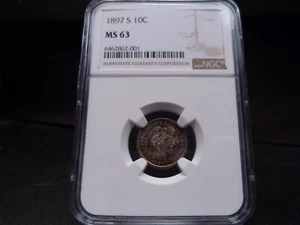 1897-S MS63 Barber Dime NGC Certified - Toned/Color/Gold,Purple,Blue,Green,Red - Picture 1 of 10