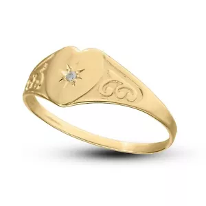 9ct Gold Children' s Signet with Diamond set,first diamond for Girl,Heart Signet - Picture 1 of 4