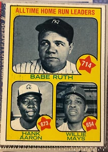 1973 Topps All Time Home Run Leaders #1; Babe Ruth, Hank Aaron + Willie Mays... - Foto 1 di 2
