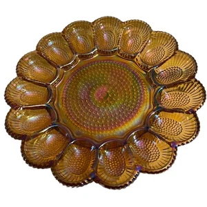 Piatto piatto vintage uovo Relish vetro carnevale ambra iridescente 7053 Indiana in scatola - Foto 1 di 5