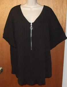 Women Plus Size Casual Zipper T-Shirt, V Neck, Roll-up Sleeves, Blk - Pick Size - Picture 1 of 6