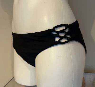 ROXY BRAIDED WOVEN LACE SIDE BIKINI HIPSTER SWIM BOTTOM SOLID BLACK XL NEW - Image 1 of 3