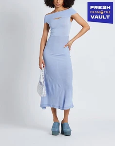 RRP €195 8 Midi Dress Size S Stretch Blue Cut Out Off The Shoulders - Picture 1 of 6