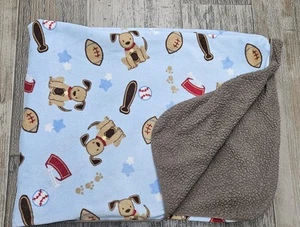 Just Born Blue Baby Blanket Sports Puppy Dog Star Football Baseball Brown Sherpa - Picture 1 of 7