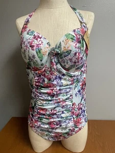 Swim Sexy Swimsuit Womens 16 Floral Ruched Halter One Piece Swimwear Cups Tie - Picture 1 of 10