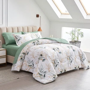 7 Piece Bed in a Bag Queen, Green Leaves Printed on White Botanical Design, M... - Picture 1 of 7