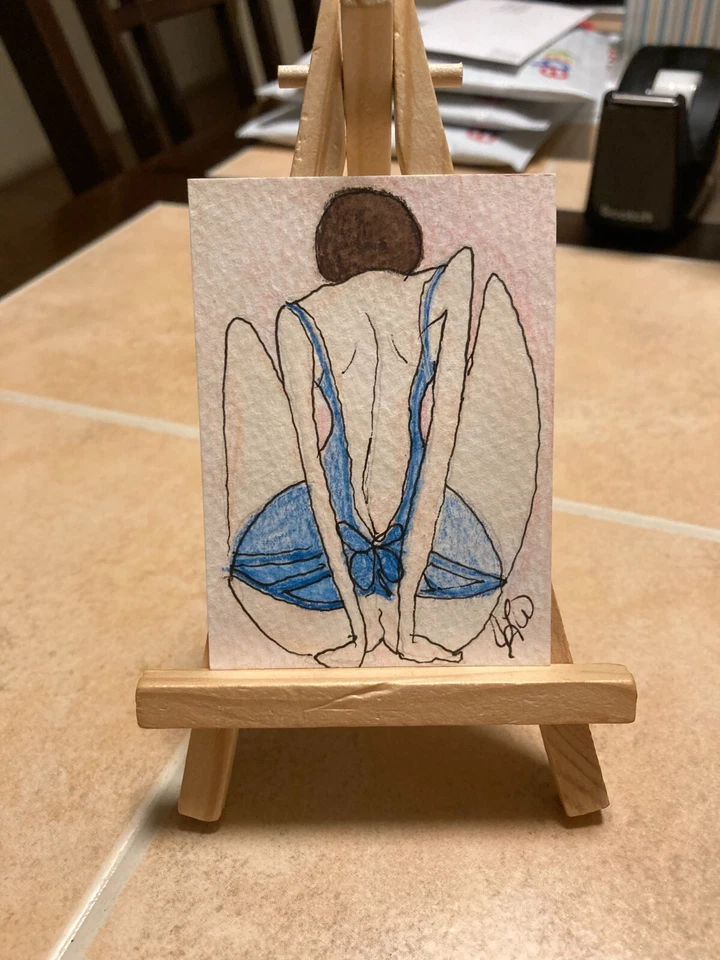 Tarjeta de arte de pintura ACEO original de medios mixtos ATC Pinup girl #598 Foto 1 de 1