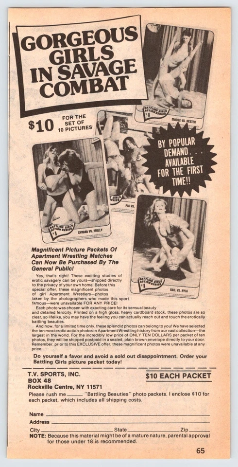 GIRLS IN SAVAGE COMBATE APARTAMENTO LUCHA LIBRE ANUNCIO 5"X11" Revista Página Años 70 HFM4 Foto 1 de 1