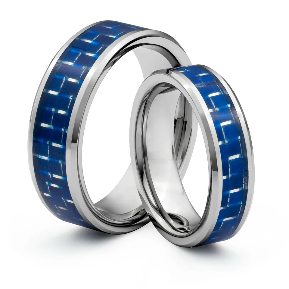 HIS & HERS 8MM/6MM Tungsten Blue Carbon Fiber Wedding Band TWO RING SET Foto 1 de 3