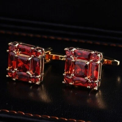 1.75Ct Lab-Created Red Ruby Men's Wedding Cufflink Pair in 14K Yellow Gold Over - Image 1 of 4