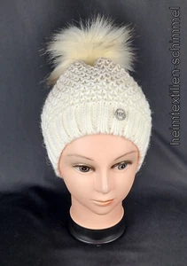 VEILO Mütze Bommel Strickmütze Fellbommel Damen Wintermütze Fell Wolle gefüttert - Bild 1 von 3