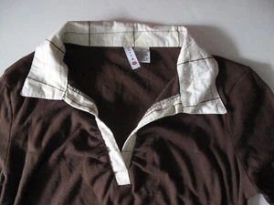 Voice Brown Pullover Blouse Collared Shirt Cuffed Sleeve V-Neck White Trim Sz XL - Picture 1 of 2