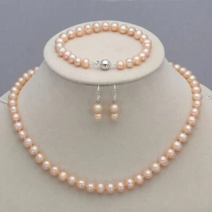 7-8mm Real Natural Freshwater Pearl Necklace Bracelet Earrings Jewelry Set - Picture 1 of 26