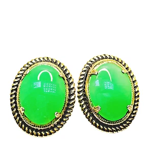 Vintage 80s Green Chalcedony Gemstone Clip On Earrings Gold Tone Boho Retro - Picture 1 of 7