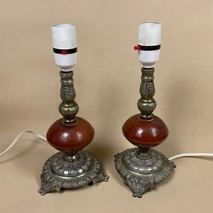 Paar Keramik Lampen Nachttisch Metall Vintage Messing Gold Leuchte Antik Braun - Bild 1 von 9