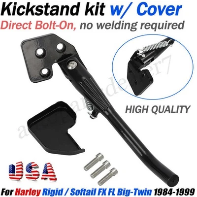 Kickstand Kit with Cover For Harley 1984-1999 Softail Rigid Fx Fl Big-Twin Black Foto 1 de 4
