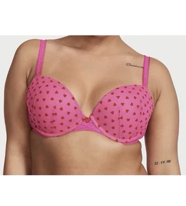 Victoria Secret Tease Lola Bra 36DDD PushUp Pink Mesh Red Hearts Valentines - Picture 1 of 10
