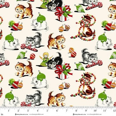 HENRY GLASS FABRIC A KITTY FOR CHRISTMAS PLAYFUL RETRO KITTENS ORNAMENTS ON CREAM COTTON FABRIC HY