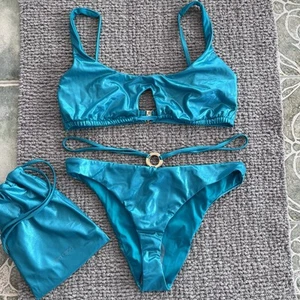 NEW Size 14 Jimmy Choo Cassandra Malibu Metallic Regenerated Blue Cut-Out Bikini - Picture 1 of 10