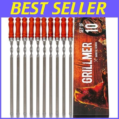 Robust 23.6" Stainless Steel BBQ Skewers - Set of 10 with Large Wooden Handles - Image 1 of 4