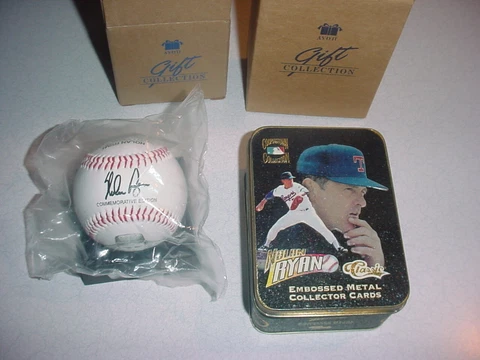1995 Metallic NOLAN RYAN 5 metal cards Tin Box - AVON Commemorative Ball Cover