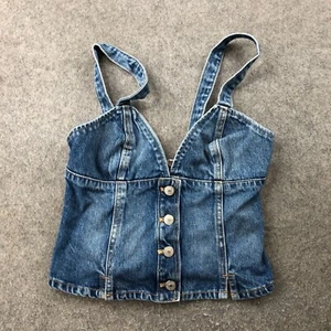 Zara Top Women Small Denim Sleeveless Button Front Lace Tank - Picture 1 of 9