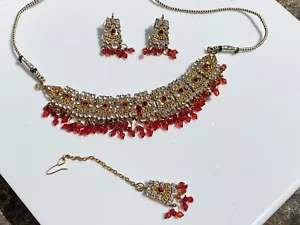 Antique style Chohan Jewellery set necklace earrings tikka gold diamante ruby - Picture 1 of 10