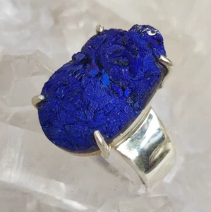 Anillo de piedra curativa azurita en bruto hecho a mano plata de ley 925 tamaño 60 R1905 - Imagen 1 de 8