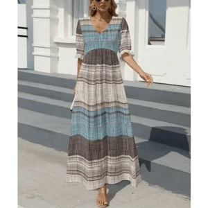Women's Blue & Taupe Stripe Half-Sleeve V-Neck Maxi Dress XXL - Picture 1 of 5