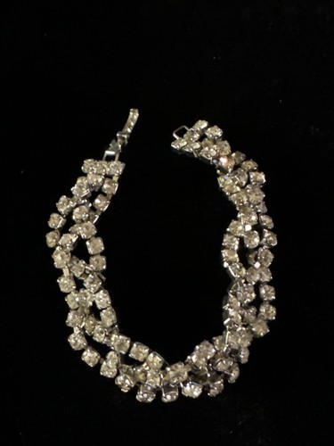 VALENTINO "Bracciale Incrostato Vintage Intrecciato Argento Maglia Catena Strass Trasparente 7""