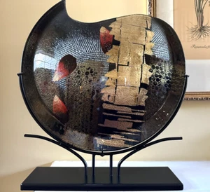 Lg Fused Glass VASE Moon Shape Handpainted 18" w/Metal Stand 9 lbs. Oxford Glass - Picture 1 of 11