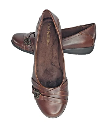 Kim Rogers Comfort Shoe Brown Flats Crisscross Strap Button Accent Women's US 7M - Image 1 of 4