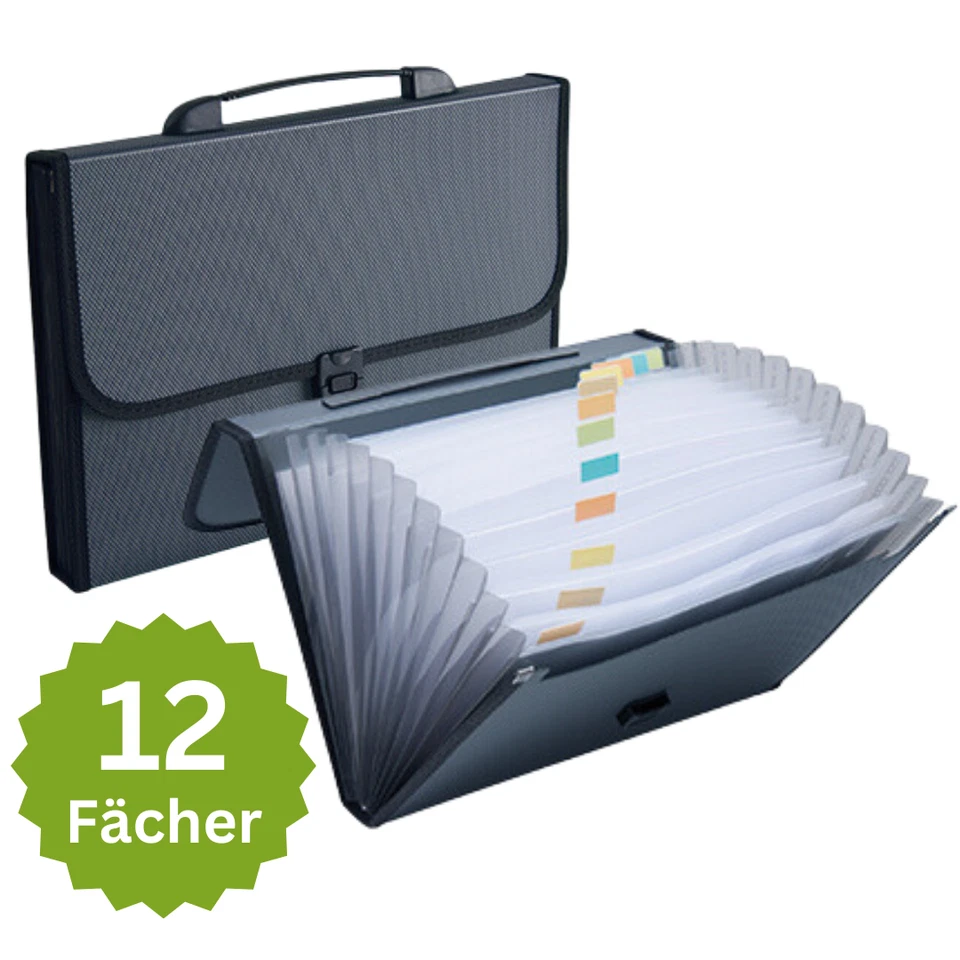 Fächermappe Fächertasche A4 Ordnungsmappe mit 12 Fächern verschließbar, schwarz - Bild 1 von 4